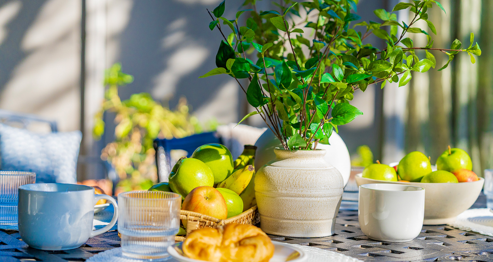 dining room table close-up of apples and pastries